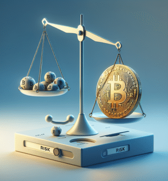 Visuelt konseptbilde av en moderne vekt som balanserer en gullfarget Bitcoin-mynt og risikosymboler, blå og grå toner, minimalistisk, høy detaljgrad