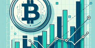 Illustrasjon av Bitcoin-mynt ved siden av en graf som viser volatilitet, moderne stil, nøytrale blå og grønne toner, symbolikk for risiko og langsiktig vekst