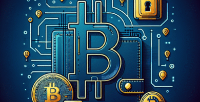 Moderne illustrasjon av Bitcoin-symbol, hardware-lommebok og lås på mørk blå bakgrunn, stilisert, høy oppløsning