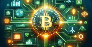 Fremtidsrettet digital illustrasjon av Bitcoin-økosystemet: et lysende Bitcoin-symbol i sentrum, omgitt av lagdelte nettverkslinjer, grønne energikilder og regulatoriske ikoner, moderne fargepalett