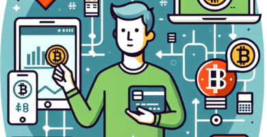 Moderne illustrasjon av en norsk bruker som kjøper Bitcoin via ulike enheter: mobil, laptop og hardware wallet. Ikoner for børs, kort og bankoverføring, rent og profesjonelt design.