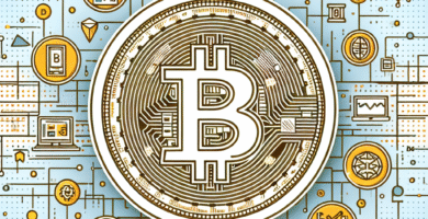 Illustrasjon av Bitcoin-økosystemet: symbolisk Bitcoin-mynt foran et digitalt nettverk, med ikoner for teknologi, økonomi og regulering, moderne fargetoner