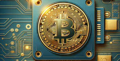 Illustrasjon av en moderne, trygg Bitcoin-introduksjon: digitalt kretskortformet bakgrunn, en hardware-wallet i forgrunnen, rolige blå og gulltoner, tydelig Bitcoin-symbol